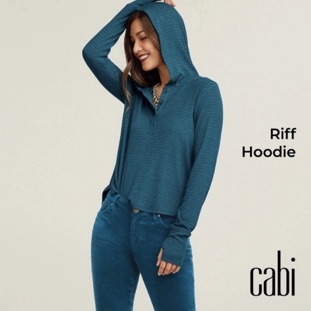 CAbi Riff Hoodie Womens L Blue Gray Striped Long Sleeve Henley Ribbed 4191